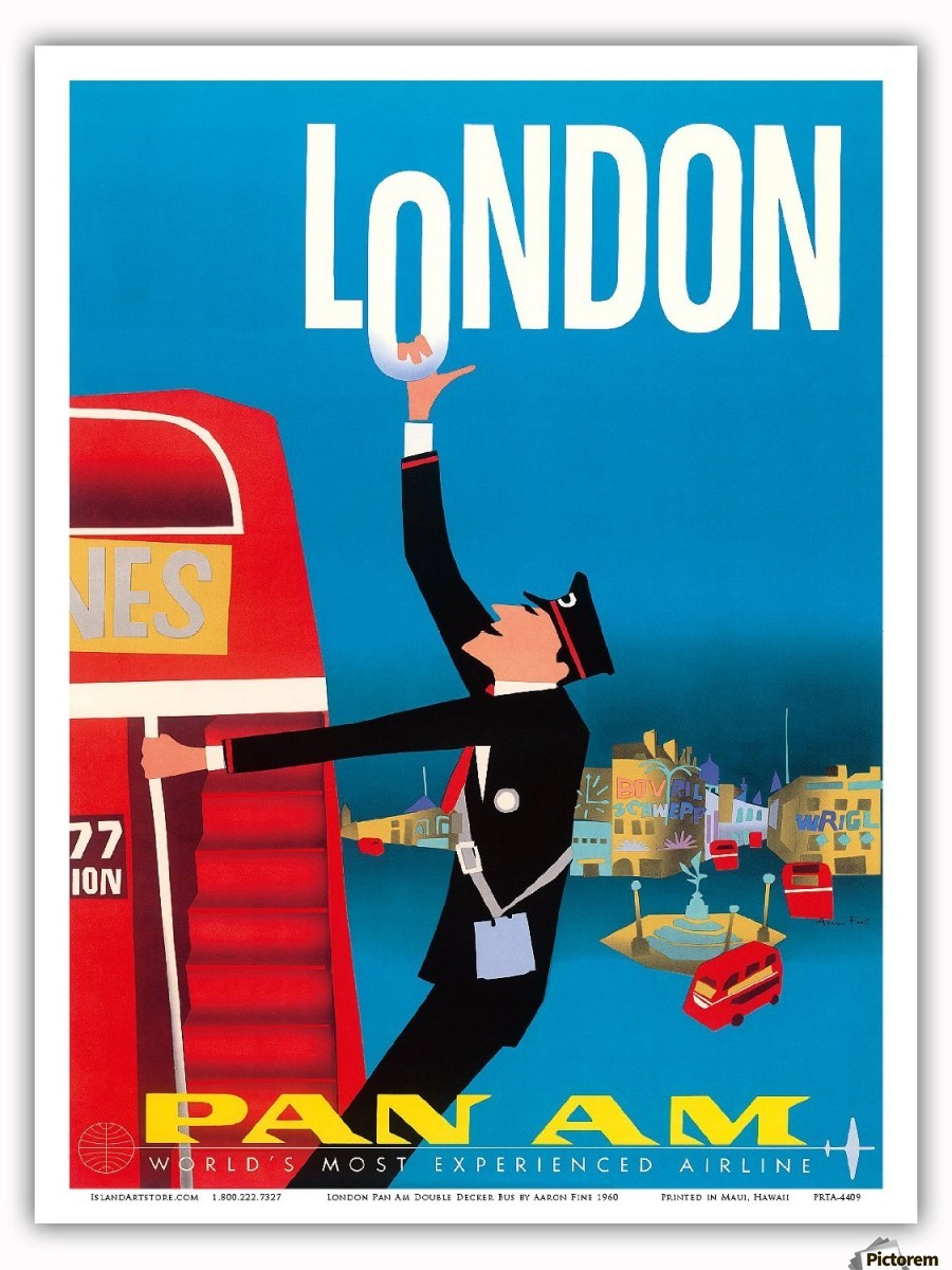 A poster of London depicting a classic bus with conductor