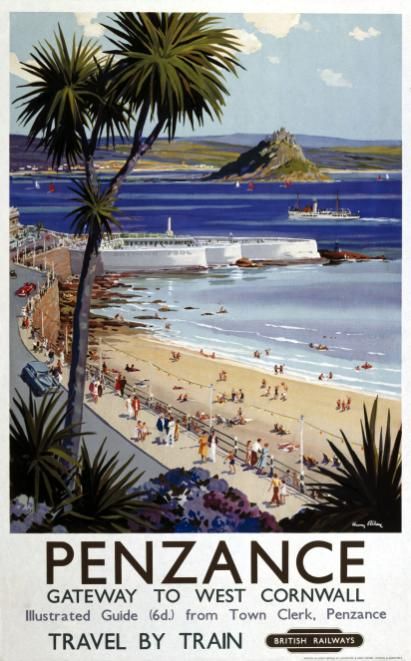 A pastiche of Penzance and Mount's Bay with St Michael's Mount, beach and palm tree.
