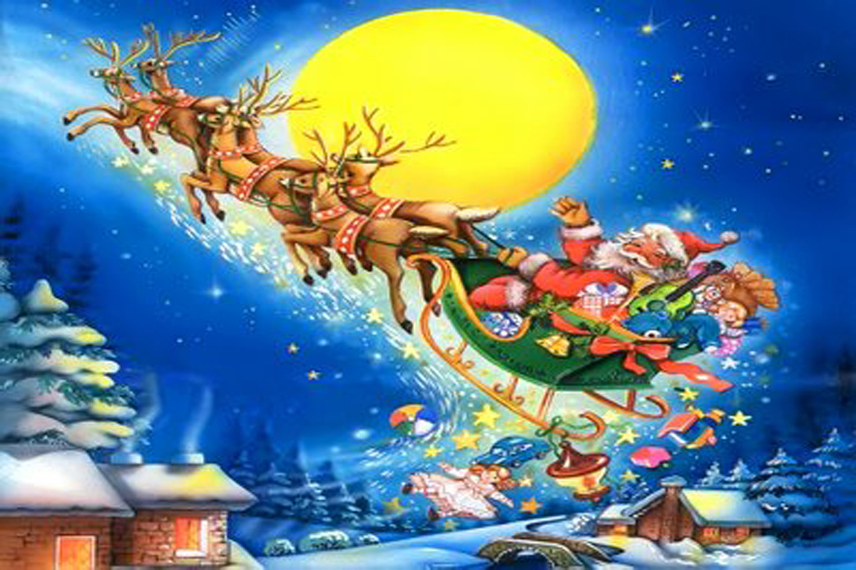 Santa and his reindeer distributing toys